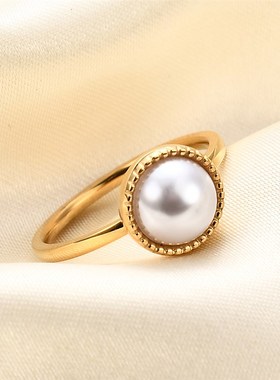 欧美简约10MM时尚花纹镶珍v珠素圈3MM不锈钢戒指百搭个性指环