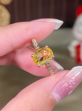 新品轻奢简约鸽子血石榴红闪钻戒C指女士镶嵌金黄锆石指环活口百