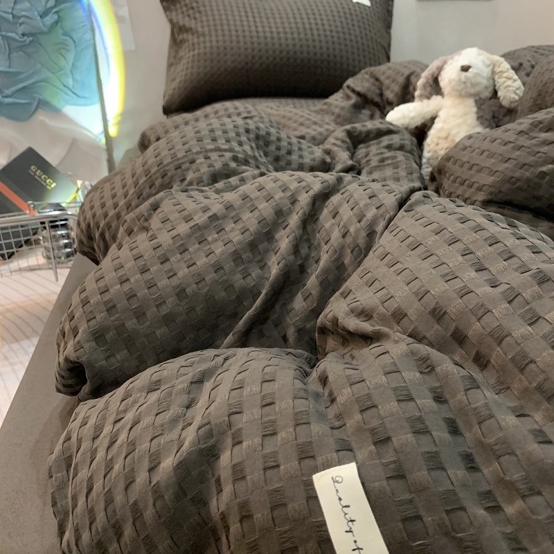 日式摩卡棕色人棉华夫格q被套四件套简约纯色床笠床单款宿舍三件