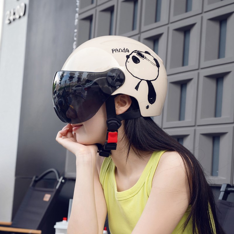 3c认证夏季电动车头盔可爱熊猫电瓶车J安全帽男女通用摩托车半盔