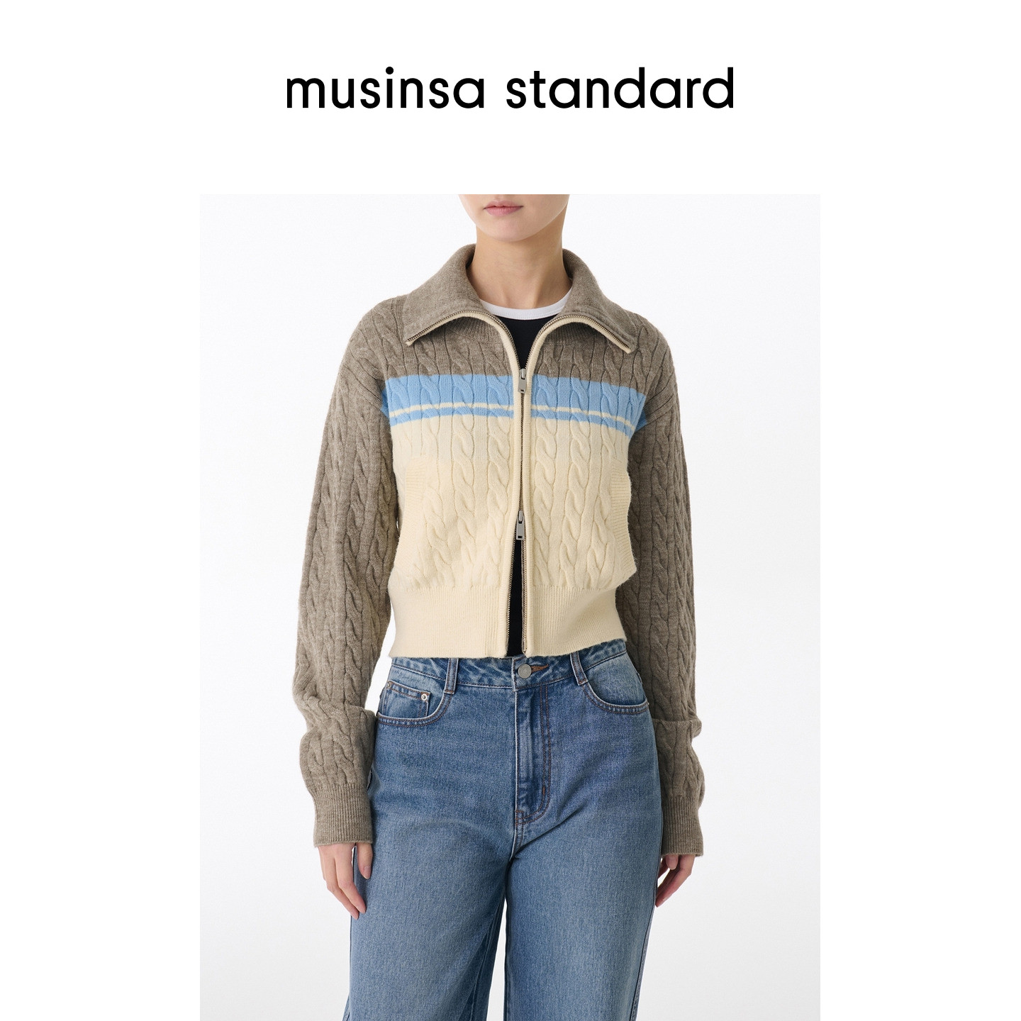 韩国25秋冬女士大翻领撞色麻花短款拉链针织开衫musinsa standard