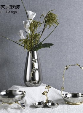 现代简约金属电i镀银花瓶不锈钢托盘果盘摆件餐厅桌面样板房装饰