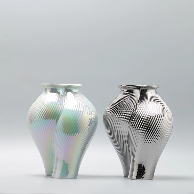 现代轻奢电镀银色陶瓷花瓶插花花器家居艺术软装样板房间酒店摆件