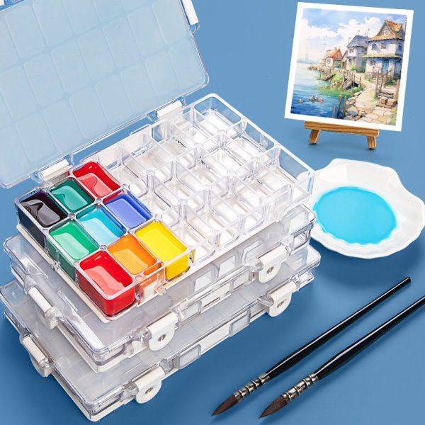 颜料盒24格调色盒带盖水粉盒便携水彩盒36格水粉颜料盒空盒软盖