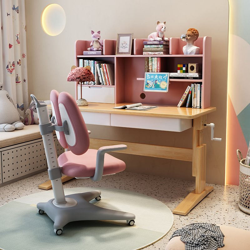 儿童手摇升降学习桌小学生家用课桌实木书桌书架一体可调节儿童房
