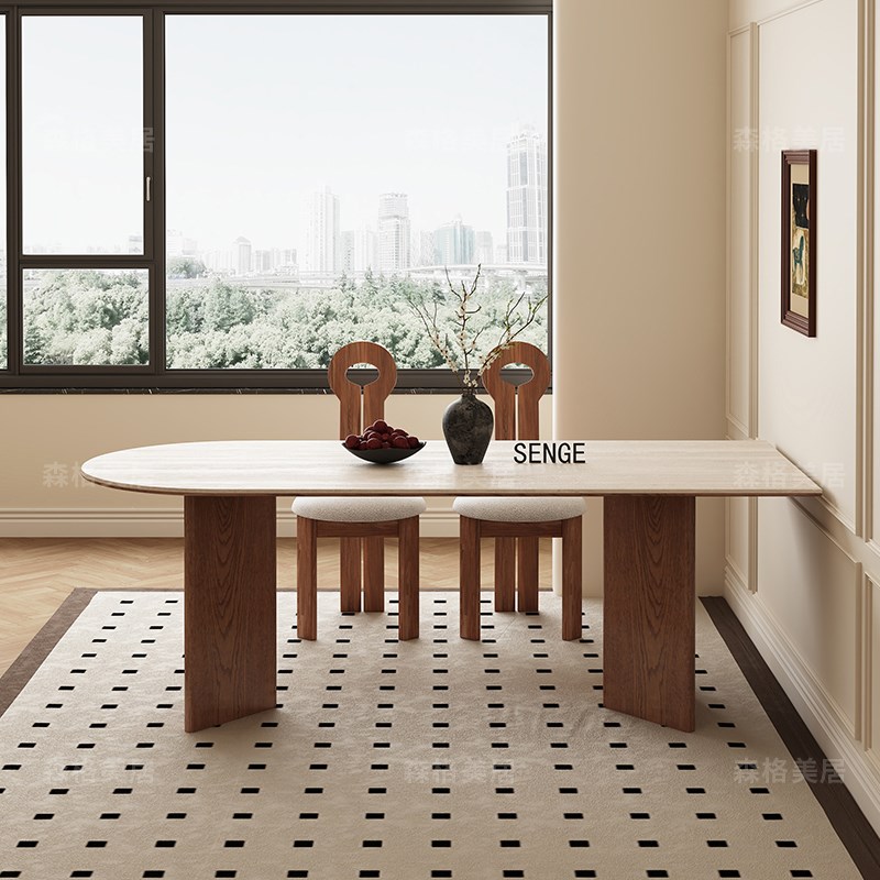 德利丰岩板洞石法式餐桌家用小户型轻奢奶油半圆长方形实木餐桌子