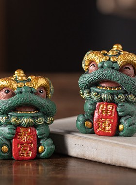 中式治愈系祝福石狮子百财大卖一对摆件醒狮家居桌面装饰茶宠摆件