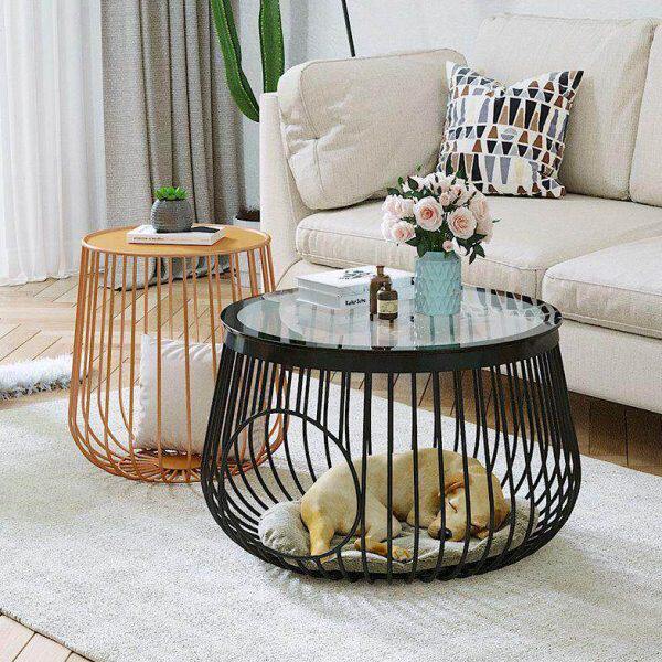 北欧创意铁艺客厅阳台茶台人猫共用茶几小型宠物猫窝家用玻璃茶桌