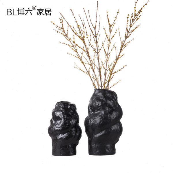 新中式家居艺术干花插软装饰品摆设创意陶瓷石头形状黑色花瓶摆件