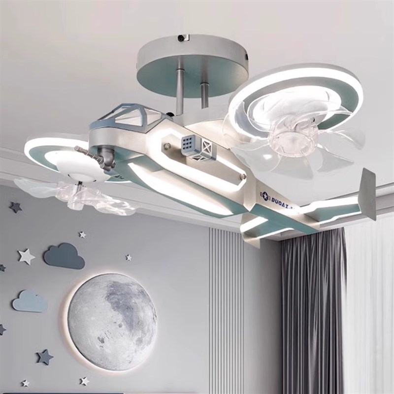吊扇灯卧室灯卡通创意个性简约现代儿童房飞机灯男孩智能电风扇吊