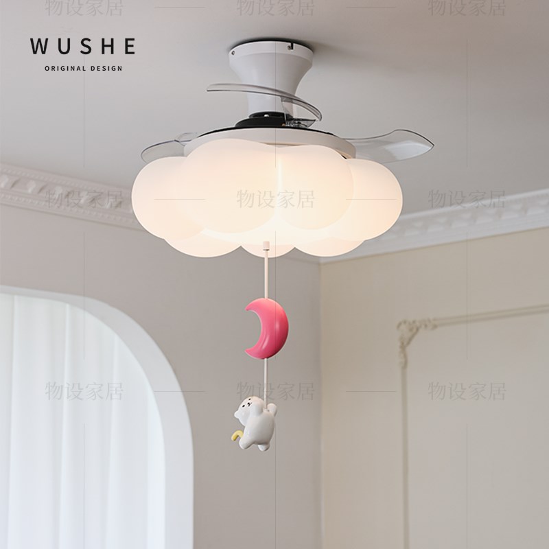 法式中古风吊扇灯奶油风卧室吸顶灯儿童房隐形吊扇灯创意吊扇灯具