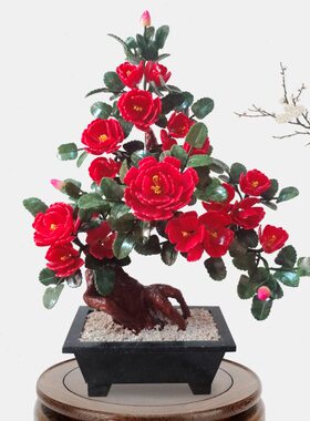 玉石雕刻牡丹花工艺品客厅装饰品酒柜玄关装饰玉雕新中式盆景摆件