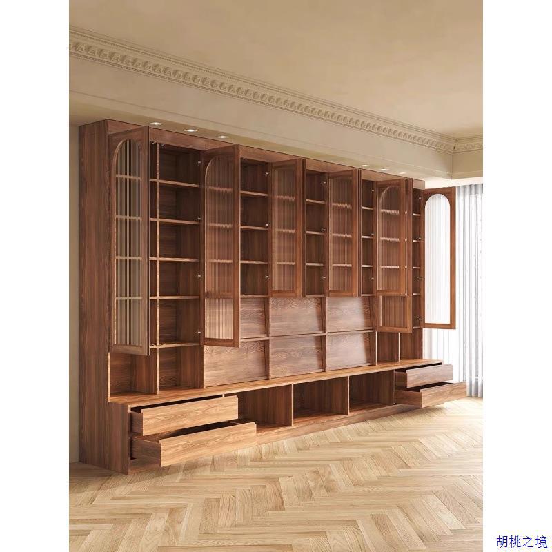 书架樱桃木一体满墙书柜带卡座拱形玻璃门客厅樱桃木组合书架