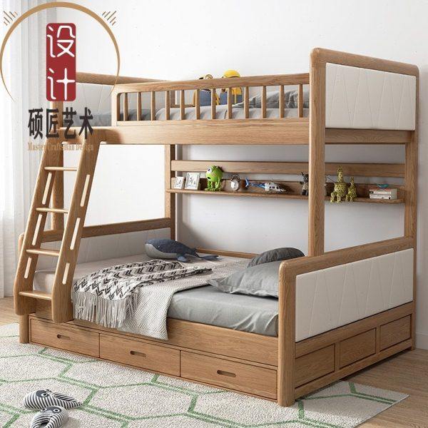 北欧白橡木新中式全实木儿童床上下床双层床高低床带书架母子床