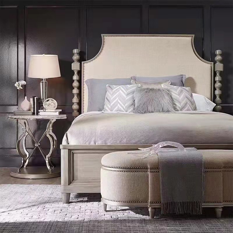 美式轻奢布艺床乡村复古实木大床现代简约灰色双人婚床1.8米