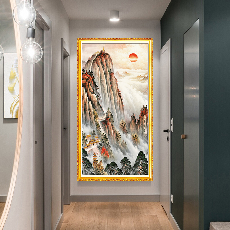 客厅入户玄关竖版泰山日出自粘装饰画办公室有山无水靠山背胶贴画