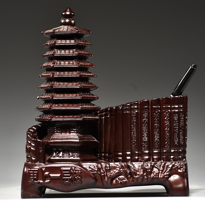 绿色桃木质雕刻9层九层文昌塔笔筒摆件客厅公司办公室书桌装饰品