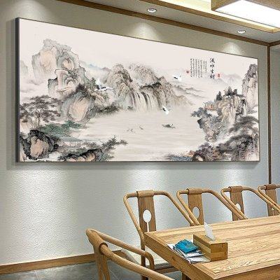 网红流水生财装饰画客厅沙发背景墙新中式办公室风景山水挂画茶室,家居饰品,国画,淘宝优惠券,粉丝福利购,淘宝优惠卷
