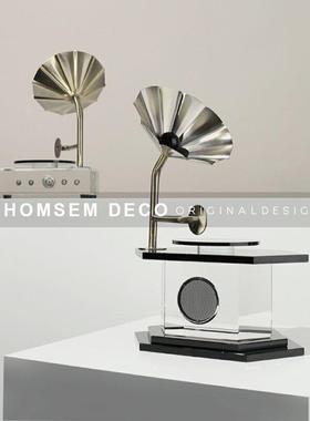 现代轻奢书房覆古水晶摆件样板房间客厅玄关年代留声机装饰品摆设