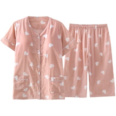 带胸垫睡衣女夏季短袖七分裤纱布全棉薄款vS领开衫家居服套装