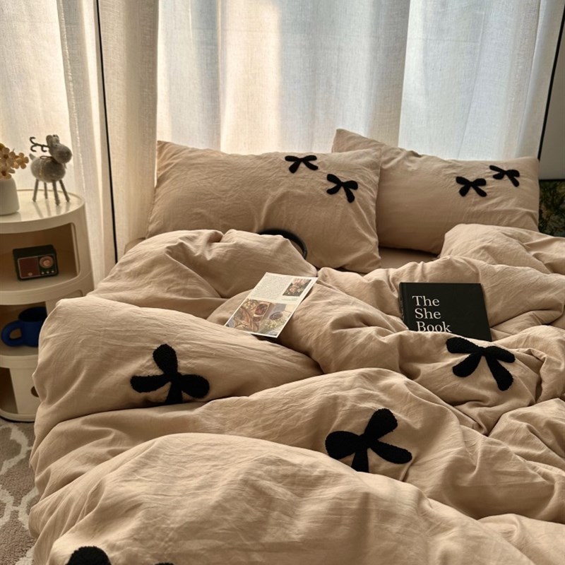 温柔ins莫兰迪奶咖蝴蝶结毛巾绣水洗棉四件套床单学生被套三件套