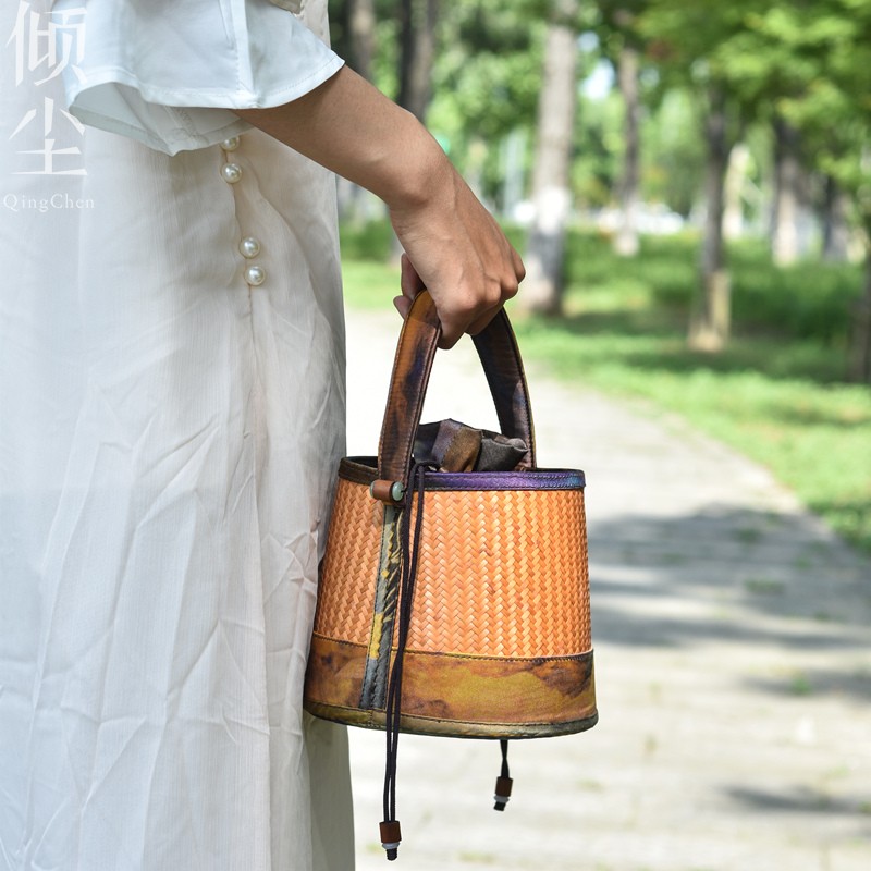 竹编香云纱水桶包 复古女包茶服配z饰布艺 收纳手拎包 茶具包
