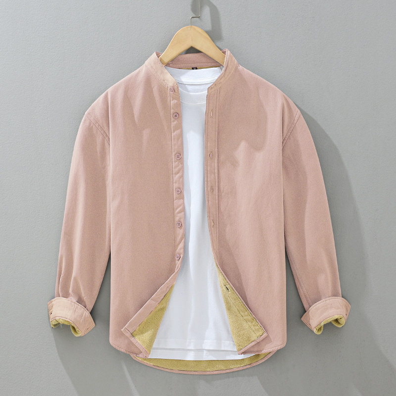 冬季日系复古小立领加绒加厚保暖长袖衬衫男宽松休闲纯色衬衫外套