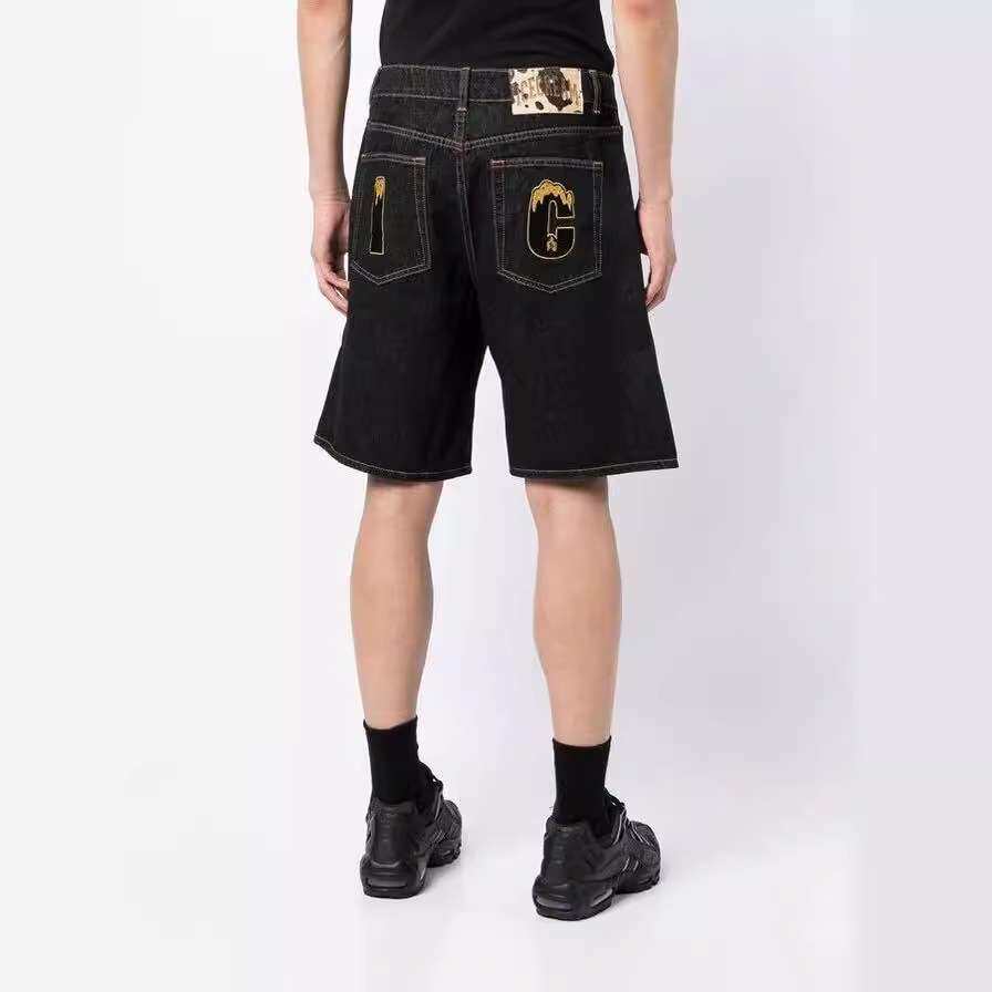 美式潮流嘻哈飞狗印花直筒牛仔短裤男vibe高街休闲时尚阔腿五分裤