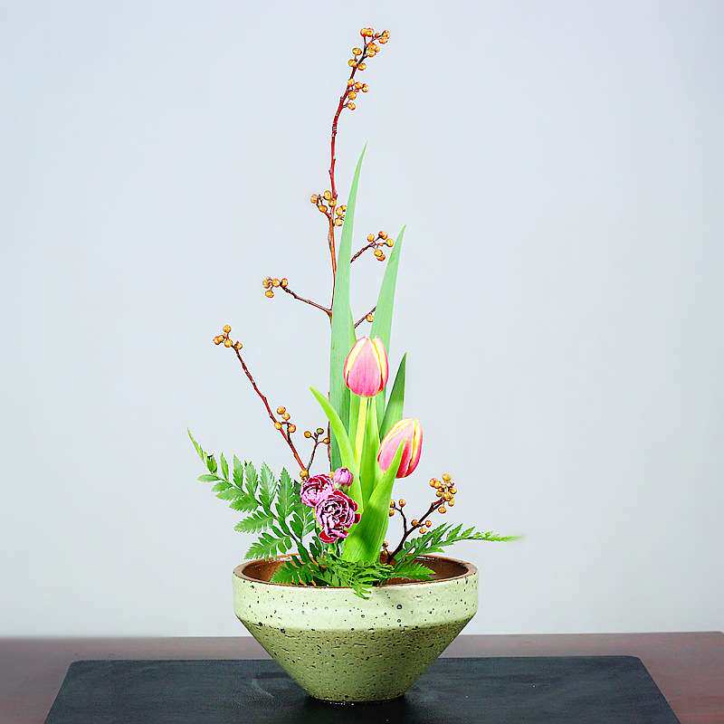中式东方花道禅意插花器陶瓷花盆手作特色复古锥形日式池坊式花盆