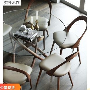 意式 餐桌椅 极简圆形玻璃餐桌北美黑胡桃原木餐桌北欧简约现代风格