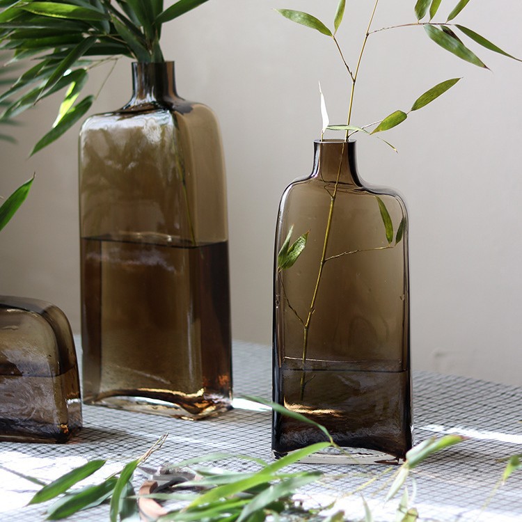 北欧轻奢咖色玻璃花瓶小口插花不规则花器家居装饰电视柜餐桌摆件