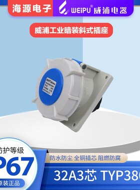 WEIPU威浦TYP3802防水航空插头工业暗装斜式插座32A3芯 220V IP67