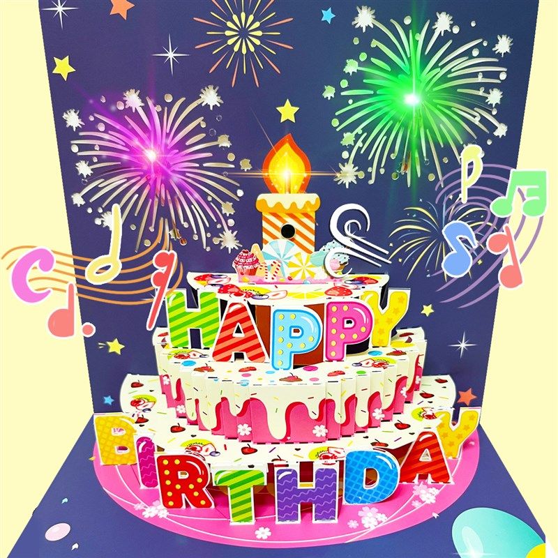 新款音乐灯光生日蛋糕卡片3D立体贺卡纸雕吹气带祝福卡Y片信封跨