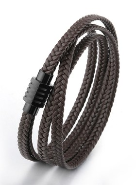 源头厂家男女士编织手链多股编织手串K双层牛皮钛钢手环现货