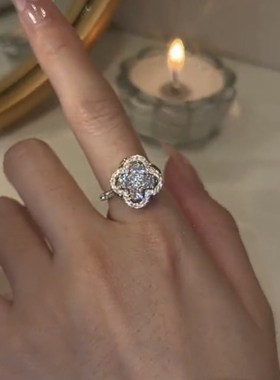 韩版微镶四叶花锆石花朵可转动女式食F指戒指环轻奢小众开口可调