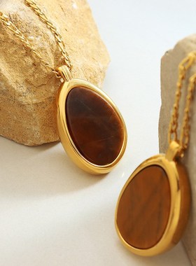 欧美夸张水滴形大吊坠镶嵌天然虎眼石项链质感赫本W风气质首饰