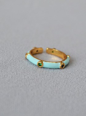 日韩小众设计手工珐琅彩色锆石竹节造型K简约细巧精致开口戒指叠