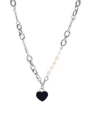 黑色爱心拼接钛钢项链女甜酷风巴洛克珍珠锁骨链小V众个性饰品