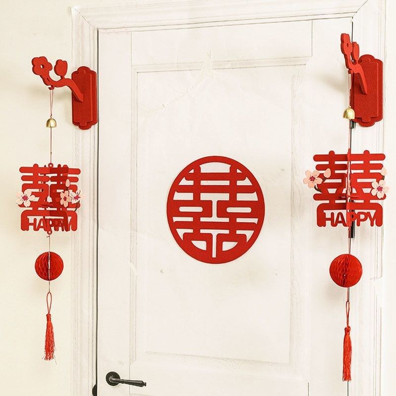 结婚立体喜字纸扇花门挂客厅婚房装饰门楣喜字T拉花婚庆用品挂件