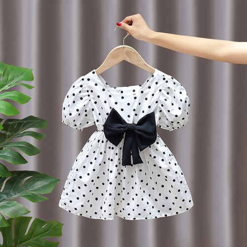 6163女童夏装连衣裙洋气中小y童纯色泡泡袖薄款蝴蝶结露背公主裙