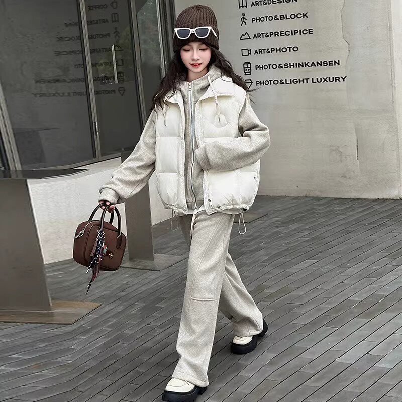 女童套装加绒加厚羽绒马甲三件套