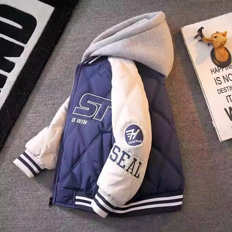 奥莱男童棒球服2026时尚新款棉服中大童加厚夹棉加绒连帽外套棉衣