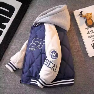 奥莱男童棒球服2026时尚新款棉服中大童加厚夹棉加绒连帽外套棉衣