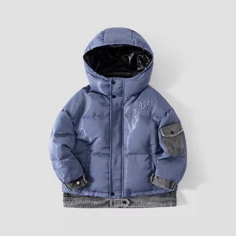 奥莱儿童羽绒服秋冬新款加厚保暖男孩三防免洗白鸭绒牛仔拼接外套