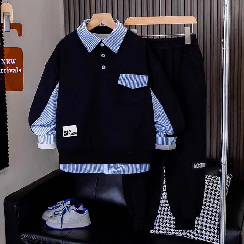 奥莱韩版男童套装2026秋冬时尚款加绒加厚卫衣运动中大童两件套潮