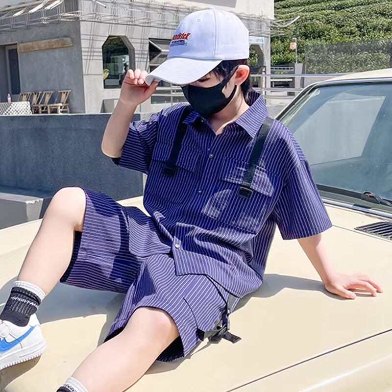 奥莱男童夏装套装2026新款中大儿童夏季短袖衬衫潮帅气时髦两件套