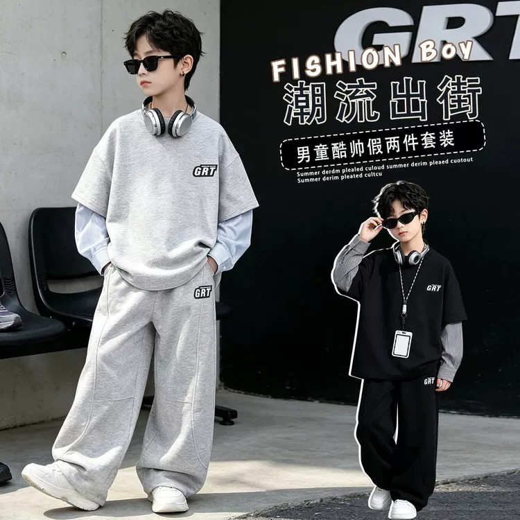 奥莱男童春秋休闲运动套装2026新款中大童假两件卫衣时髦两件套潮