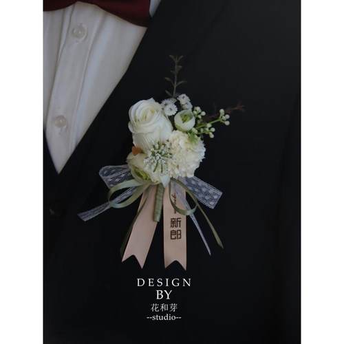 新款原创白绿玫瑰森系叶子商务活动结婚新郎伴娘姐妹团胸花手花