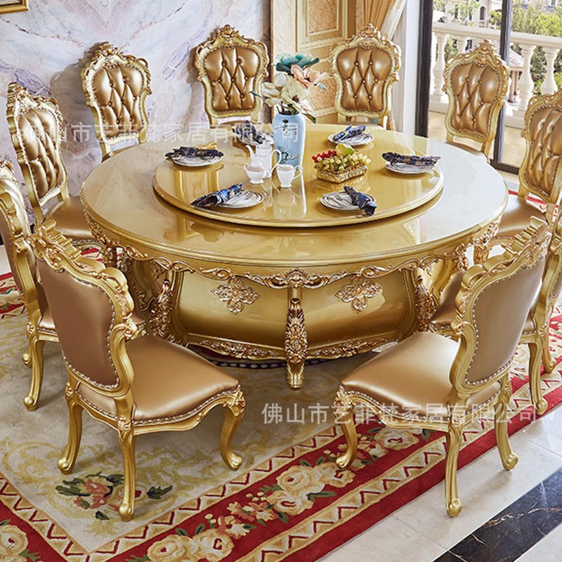 欧式大理石餐桌椅组合全实木雕花奢华别墅圆形带转盘吃饭桌大餐台