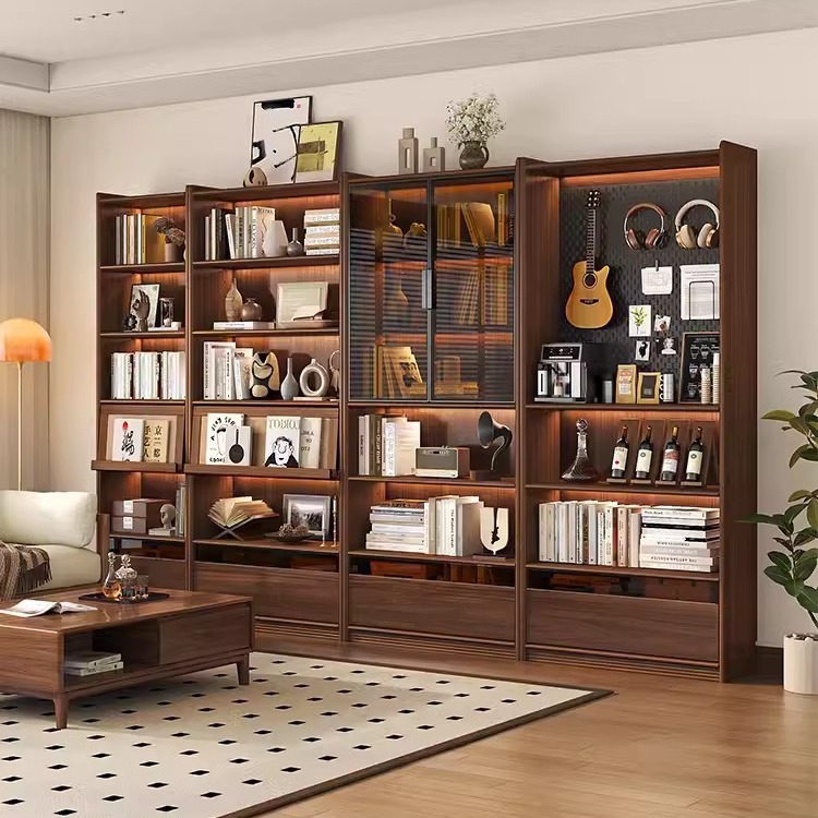 北欧黑胡桃木全实木书柜整墙置物架现代简约樱桃木展示柜组合书架